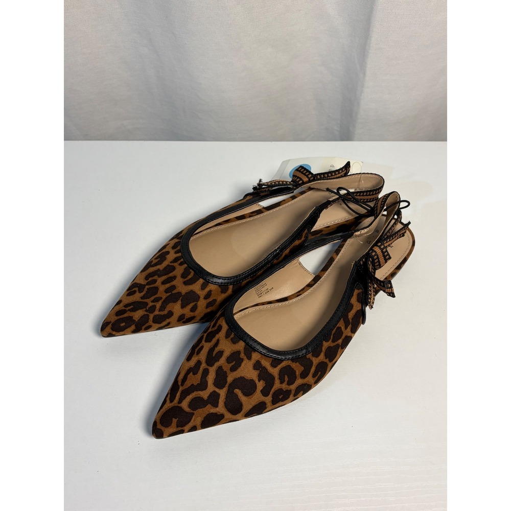 A New Day Leopard Print Slingback Pointed Toe Flats Bow Detail Brown 7.5